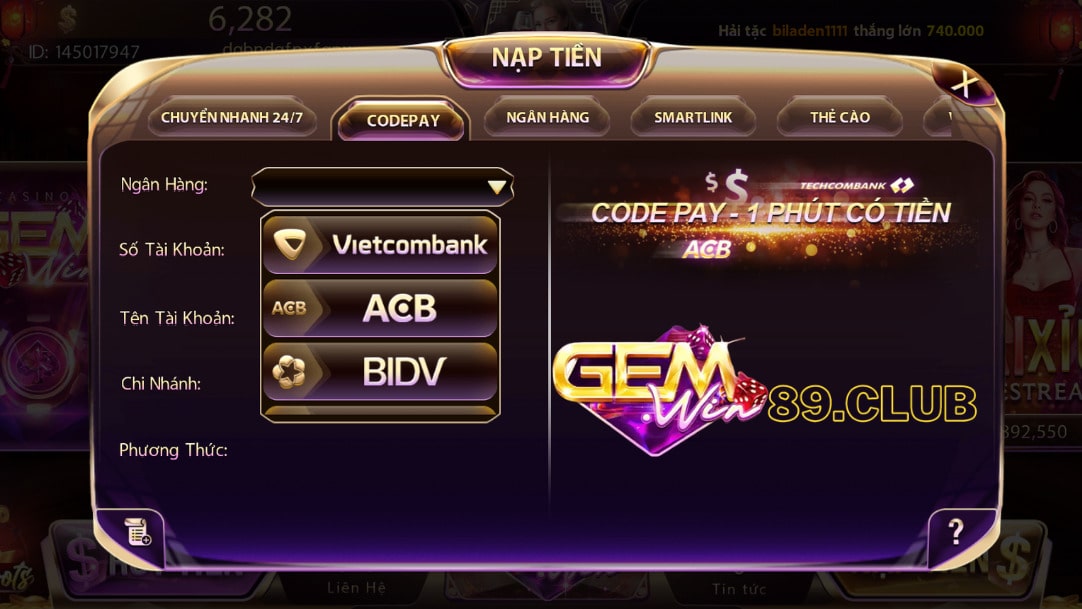 Nạp tiền Gemwin bằng codepay Nạp tiền Gemwin bằng codepay