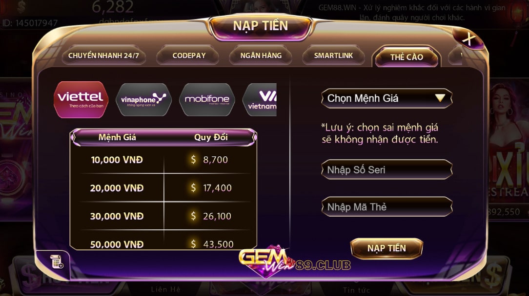 Nạp tiền Gemwin bằng thẻ cào Nạp tiền Gemwin bằng thẻ cào