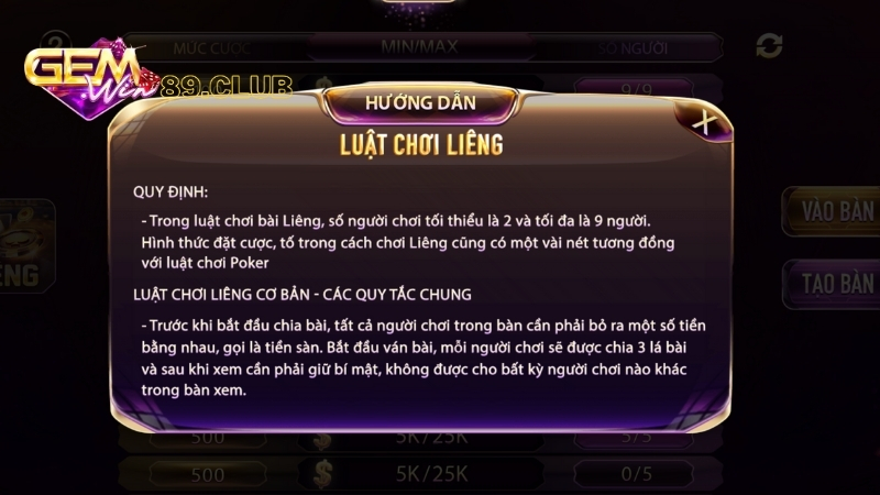 Luật chơi game bài Liêng GEMWIN